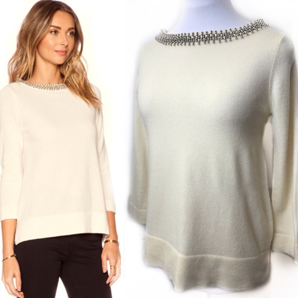 Autumn Cashmere XS Cream Sweater Bead Jewel Neck